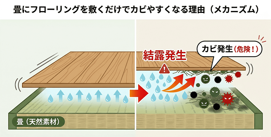 賃貸の畳の上にフローリングを敷くとカビが発生するメカニズムの図解