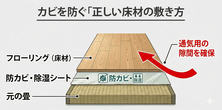 カビを防ぐ正しいフローリングの敷き方：防カビシートと隙間の確保