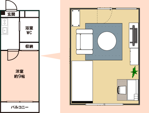 9畳1Kの部屋のレイアウト図