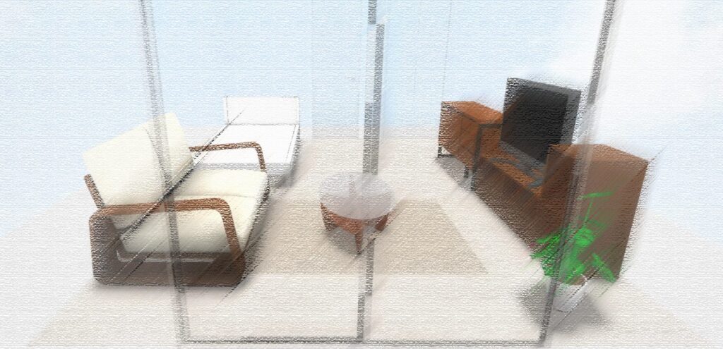 奥行きの浅い2人掛けソファを配置したレイアウトイメージイラスト