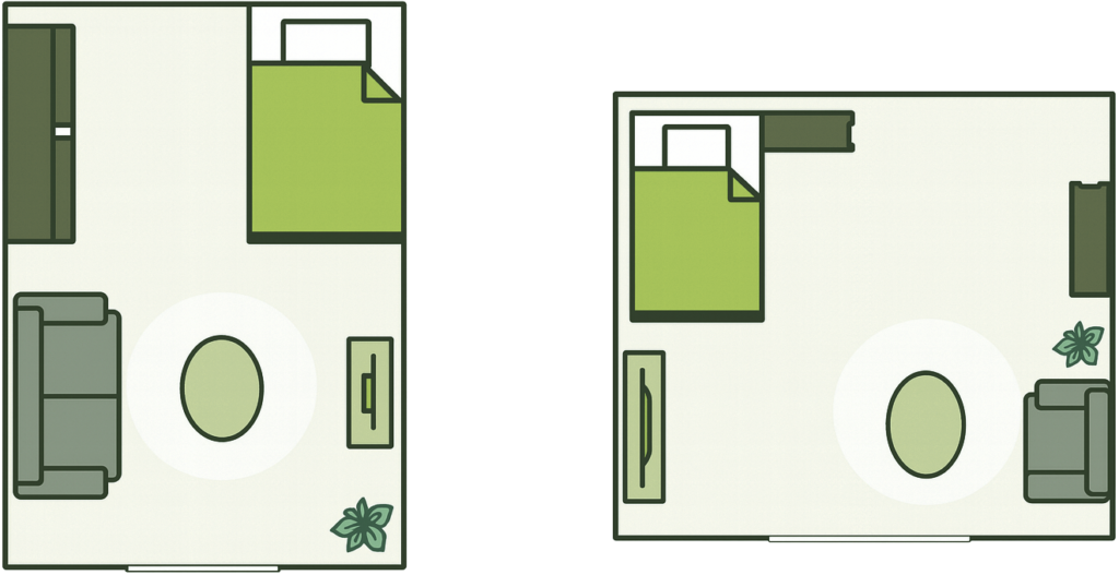 長方形の部屋、正方形の部屋それぞれのレイアウト図
