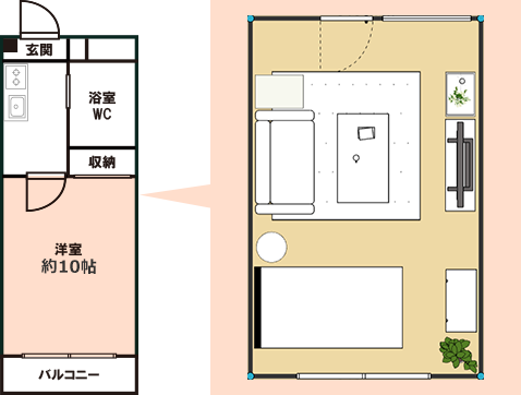 10畳1Kの部屋のレイアウト図