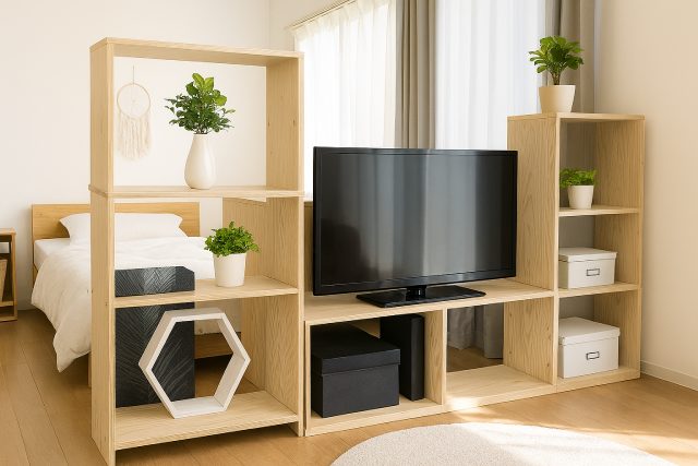 キューブボックスで棚とテレビボードを兼用した仕切りを設けたイメージ