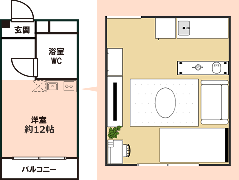 12畳ワンルームの部屋のレイアウト図