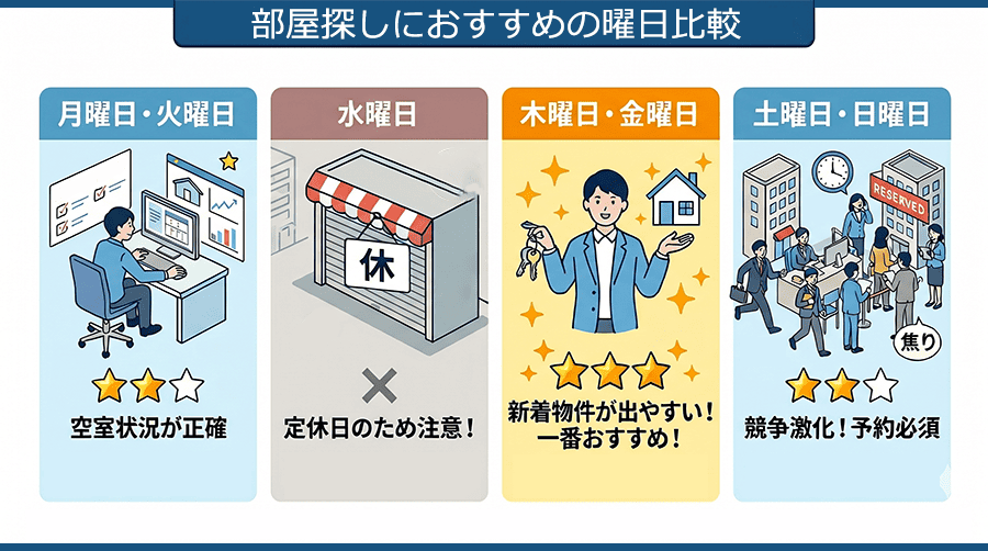 不動産屋での部屋探し・内見におすすめの曜日比較表