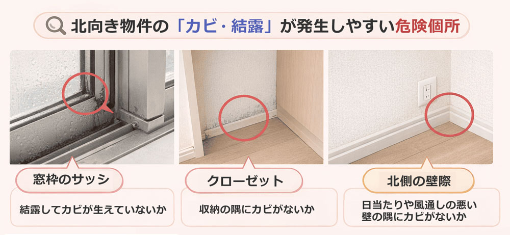 【実例写真】北向き物件の「カビ・結露」が発生しやすい危険箇所