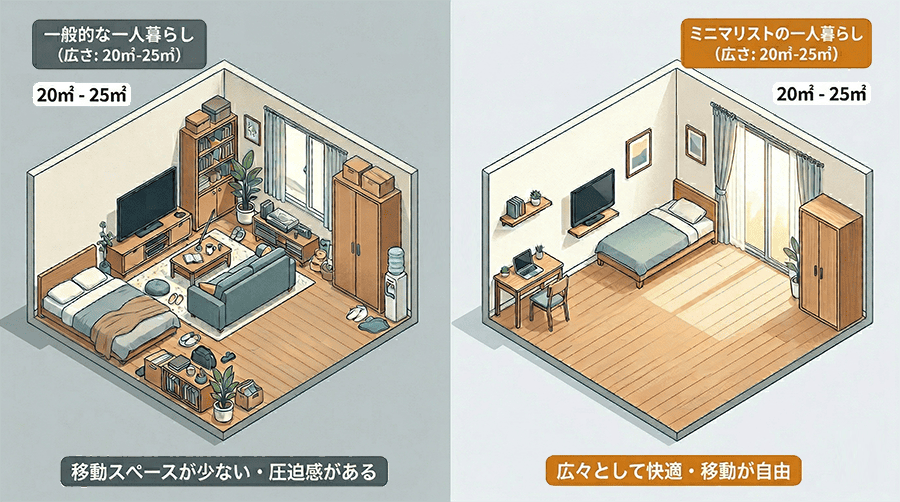 ミニマリストと物が多い人とミニマリストの一人暮らし部屋の比較イラスト