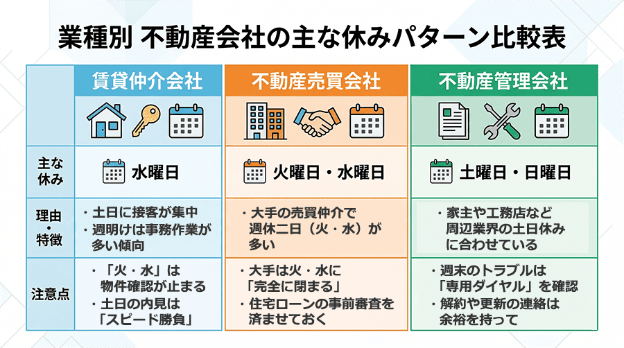 業種別、不動産会社の主な休みパターン比較表
