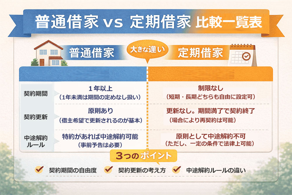 普通借家契約と定期借家契約の違い比較表