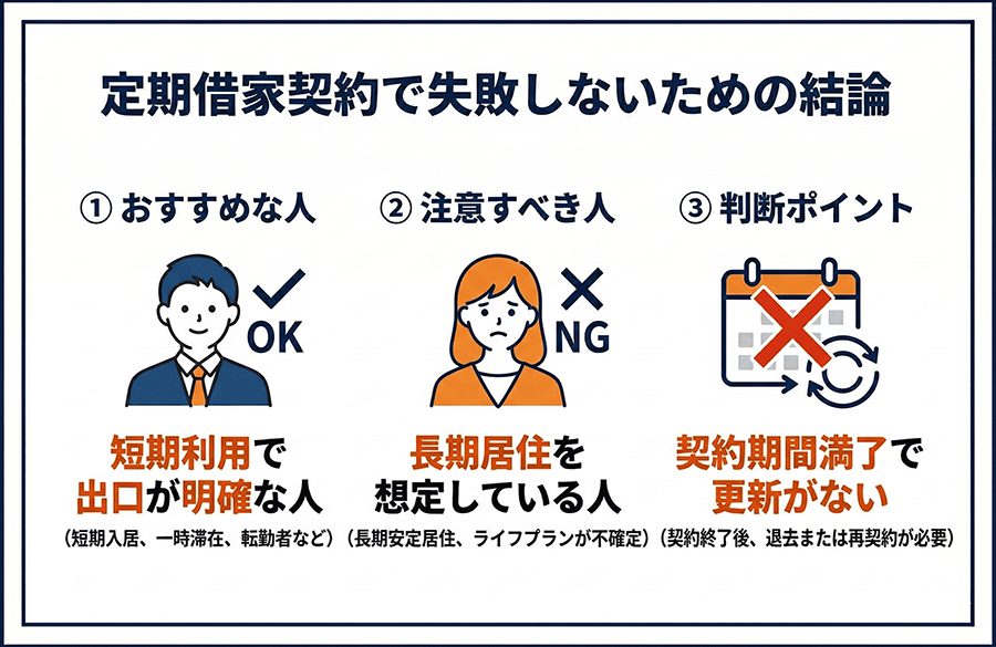 定期借家契約で失敗しないための結論。おすすめな人、注意すべき人、判断ポイントを表示