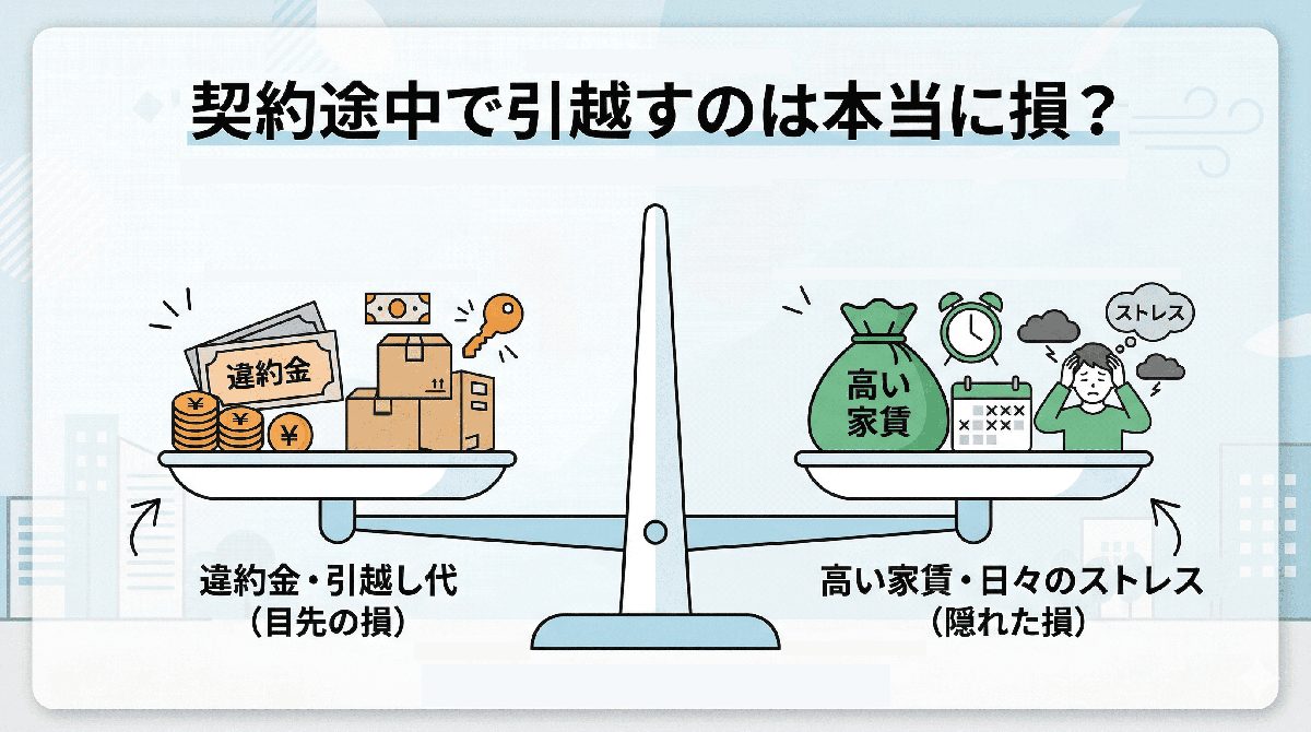 賃貸の途中解約は損？違約金と今の家賃・ストレスのコスト比較図