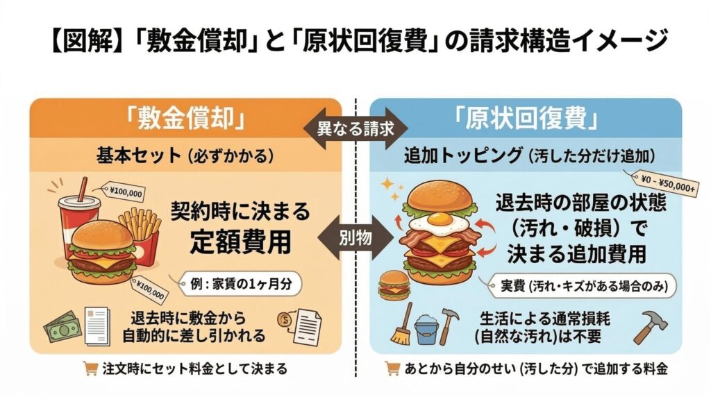 「敷金償却」と「原状回復費」の請求構造イメージ図