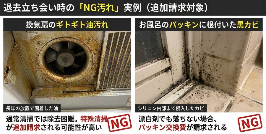 退去立ち合い時の「NG汚れ」実例（追加請求対象）
・換気扇のギトギト油汚れ
・お風呂のパッキンに根付いた黒カビ