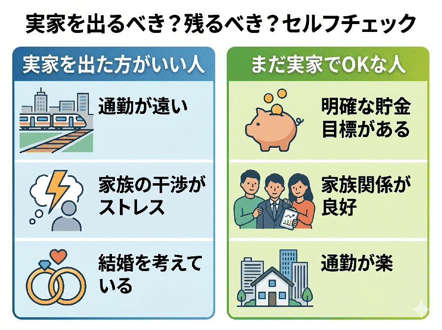 【比較・診断表画像】実家を「出るべき人」vs「残るべき人」