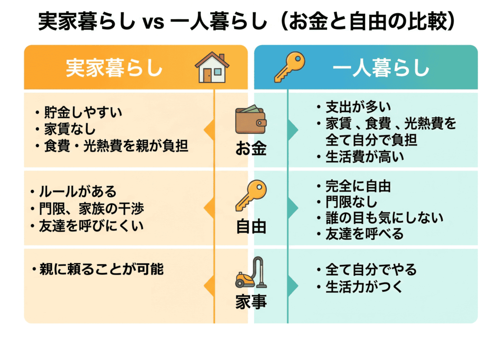 【比較表画像】実家暮らしと一人暮らしの「お金と自由」の比較