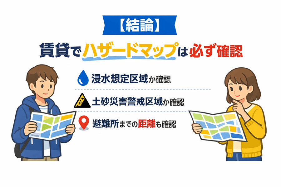 【イラスト：ハザードマップ確認点】
・沈水想定区域か確認
・祖者災害警戒区域か確認
・避難所までの距離も確認