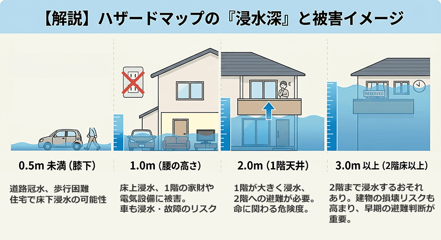 ハザードマップの浸水深による被害イメージ（床下浸水、床上浸水、1階水没）
