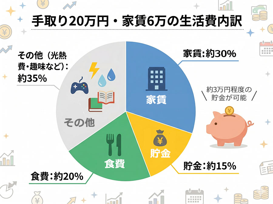 手取り20万円・家賃6万円の生活費内訳グラフ