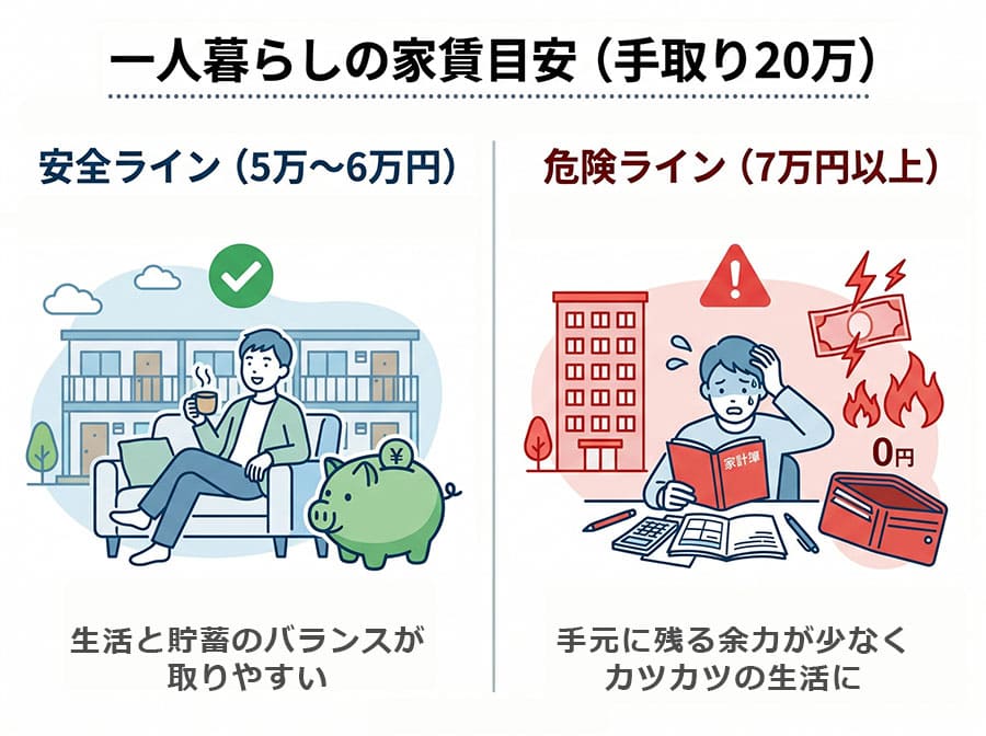 【図解】手取り20万円：適正家賃 vs 危険な家賃