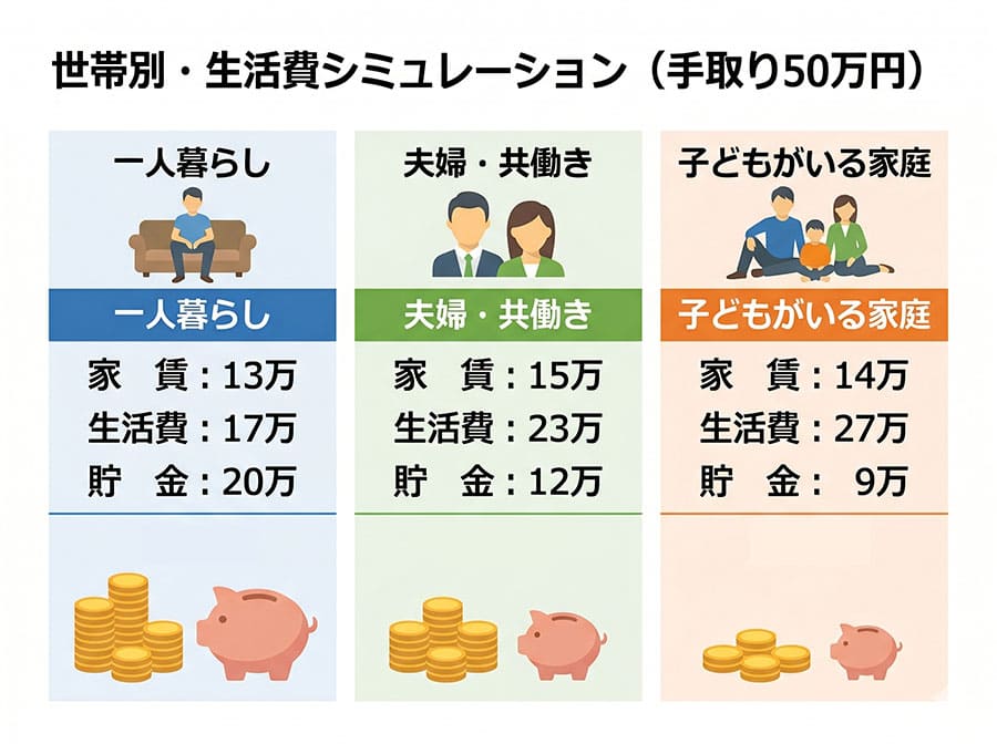 【図解】手取り50万円・世帯別の生活費シミュレーション