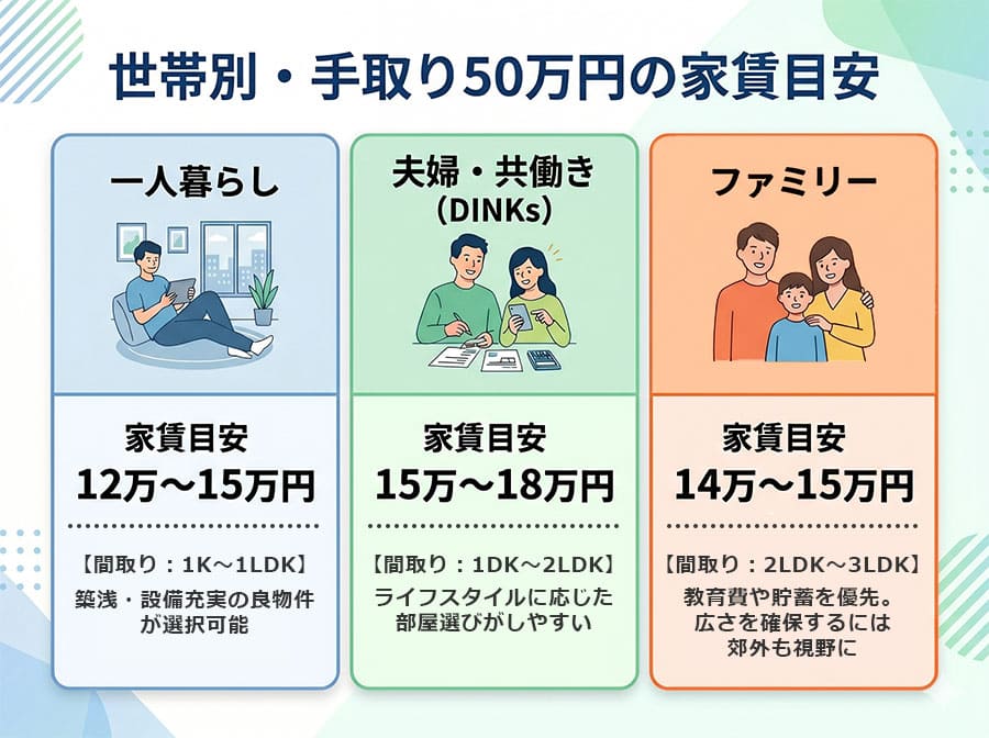 【図解】世帯別：手取り50万円の適正家賃目安表 
