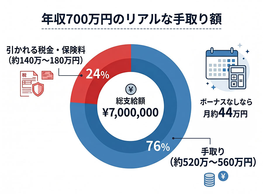 年収700万円のリアルな手取り額円グラフ