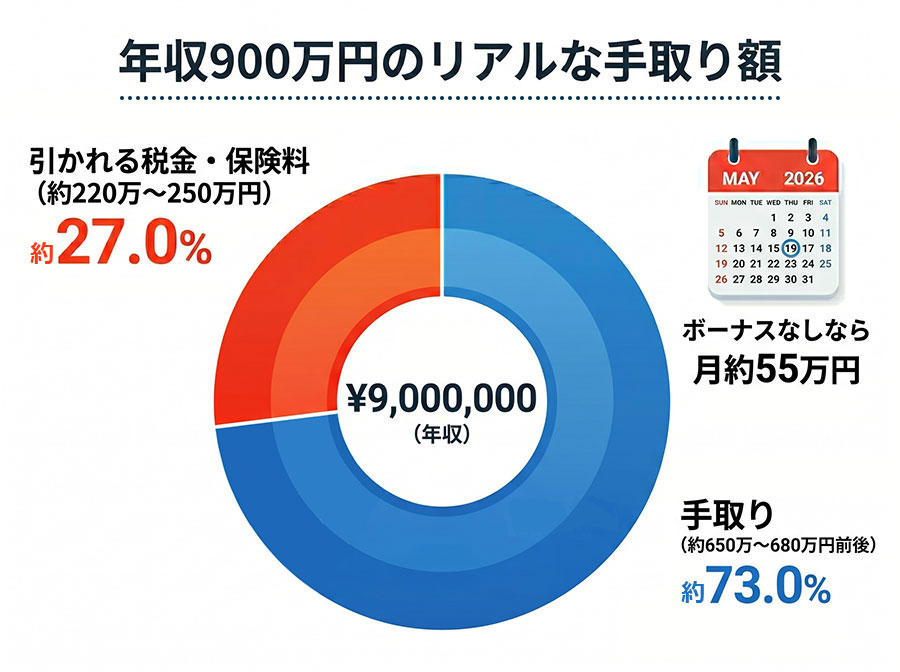 年収900万円のリアルな手取り額円グラフ