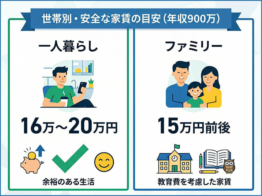 【図解】年収900万円:一人暮らし vs ファミリーの安全家賃ライン