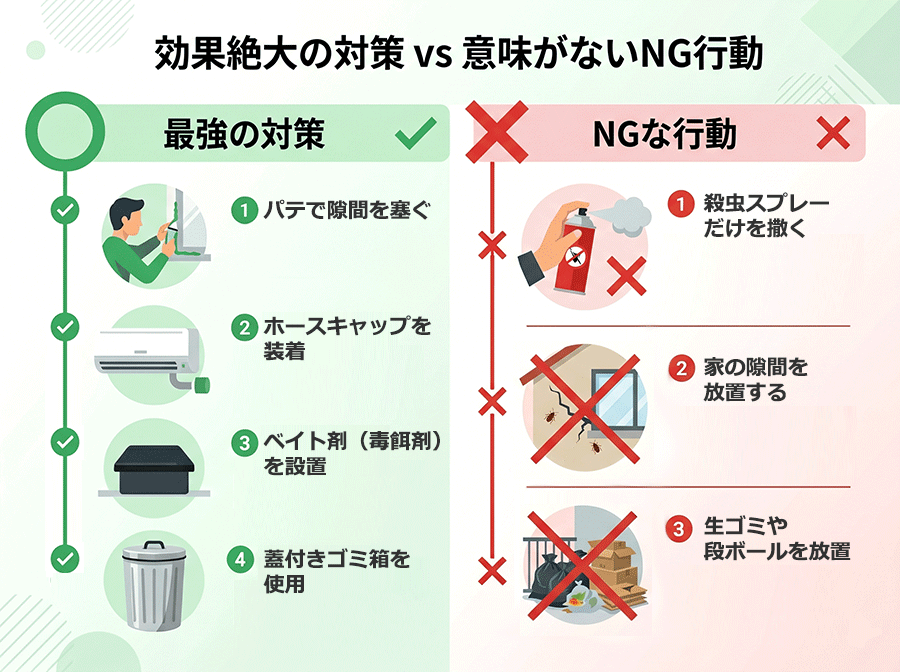 【対比インフォグラフィック】最強の対策グッズ vs 意味がないNG行動