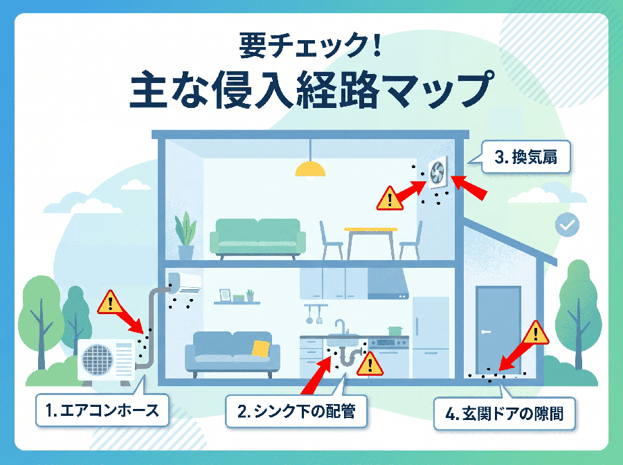 【イラスト図解】アパートのゴキブリ侵入経路マップ