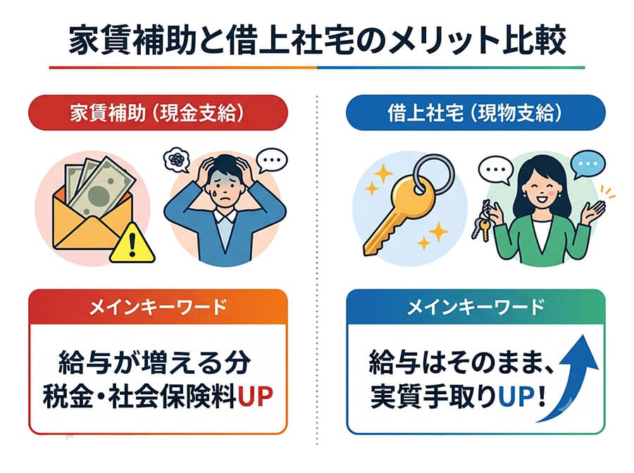 【図解】「住宅手当（個人契約）」と「借上社宅（法人契約）」のメリット比較