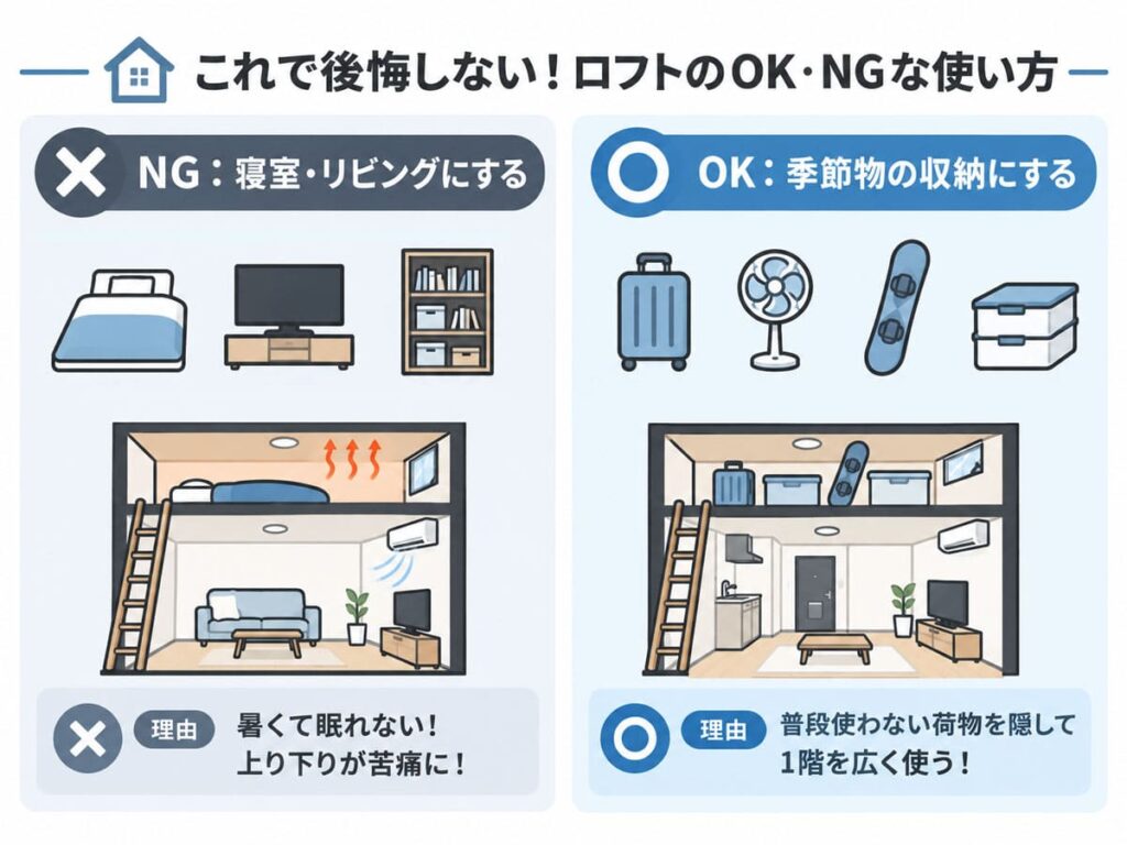 ロフト付き物件の失敗する使い方(寝室)と正しい使い方(収納)の比較