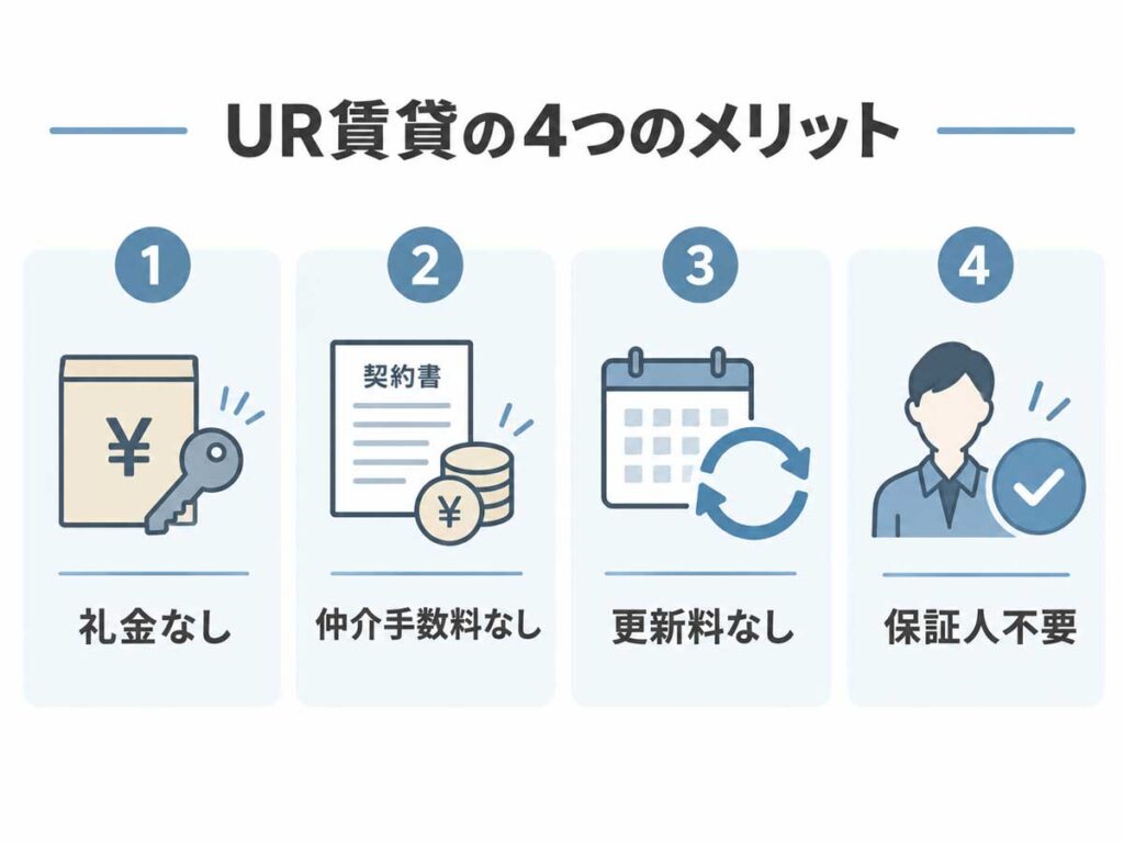 UR賃貸のメリットを示した図｜礼金・仲介手数料・更新料・保証人が不要