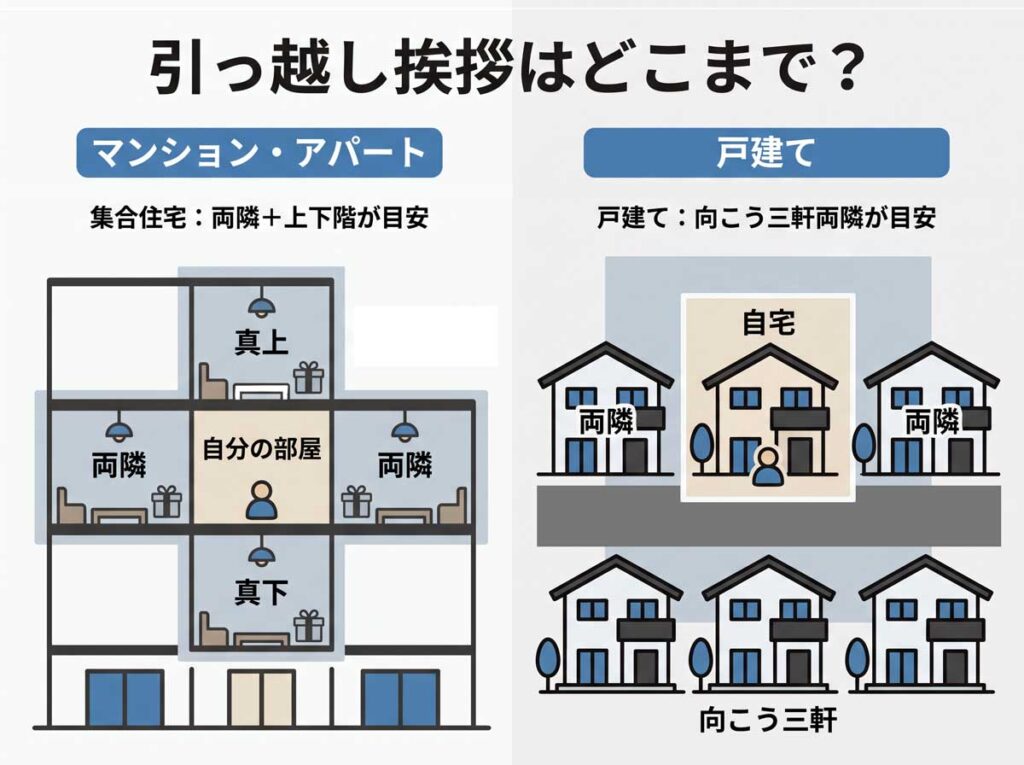 引っ越し挨拶の範囲を示す図。集合住宅は両隣と上下階、戸建ては向こう三軒両隣が目安