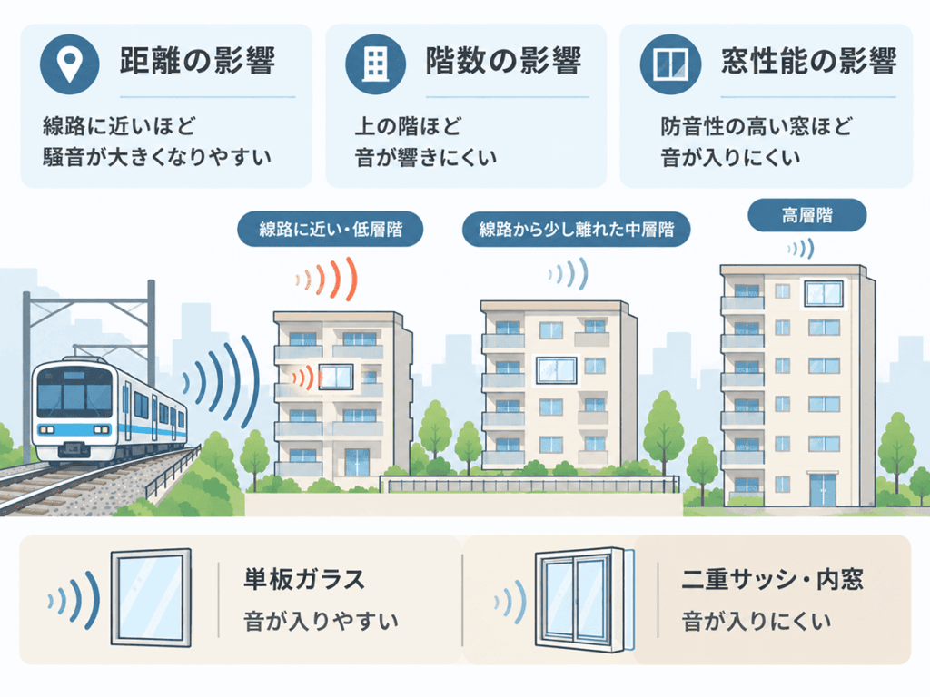 線路沿いの家で騒音の感じ方を左右する線路との距離・階数・窓性能
