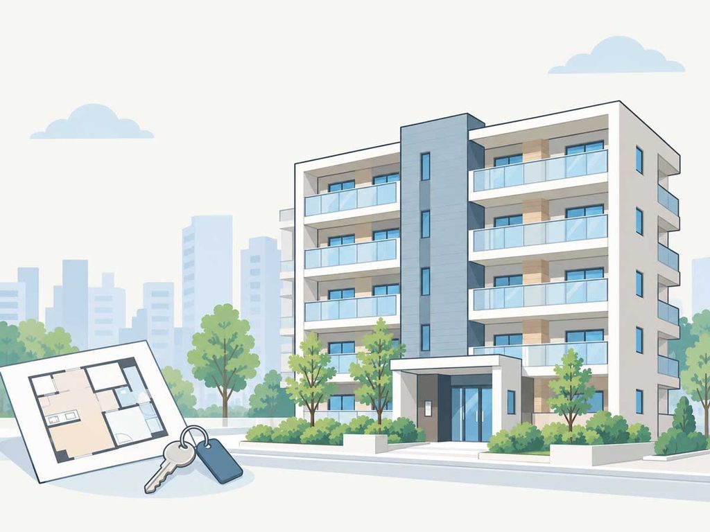 新築賃貸マンションをメインに間取り図と部屋の鍵を組み合わせたイラスト