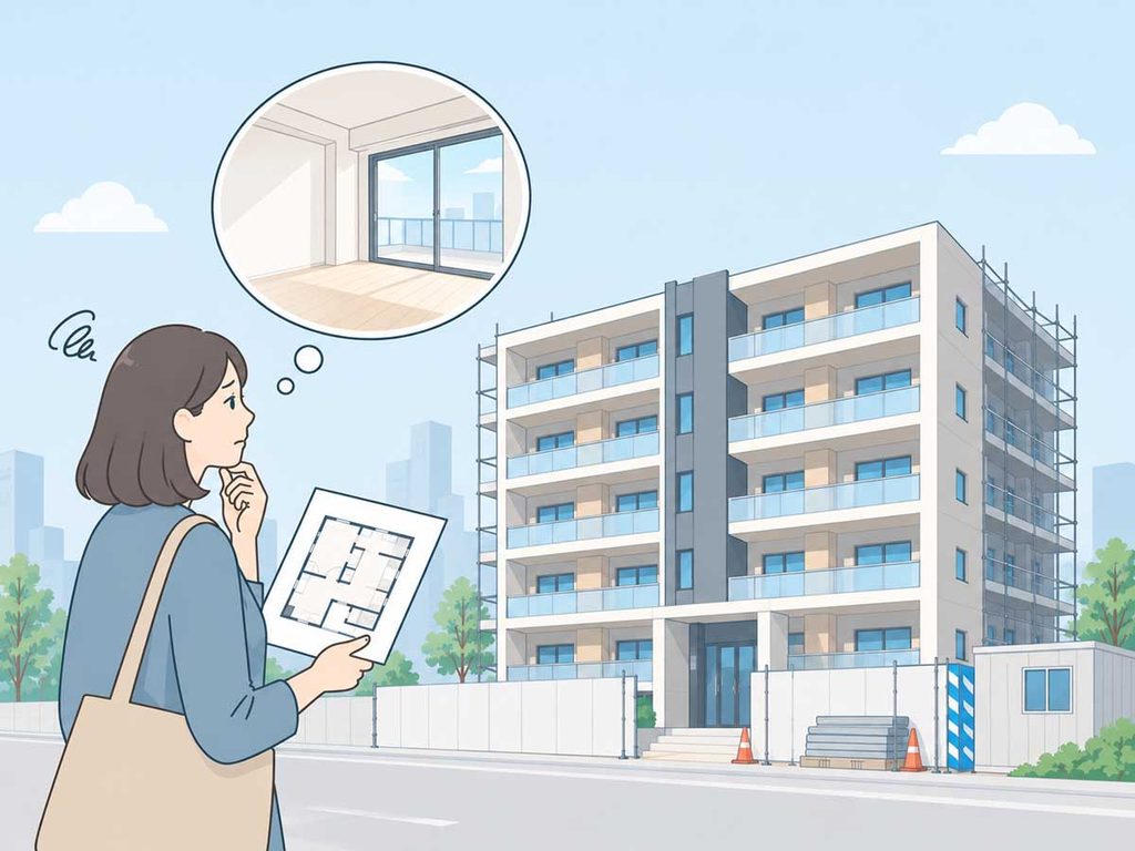 完成前の新築賃貸マンションと間取り図を確認しながら部屋探しをする人のイラスト