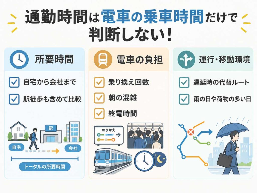 部屋探しで通勤時間を確認する際の注意点。自宅から会社までの所要時間、乗り換えや朝の混雑、終電、遅延時の代替ルート、雨の日の移動をチェック