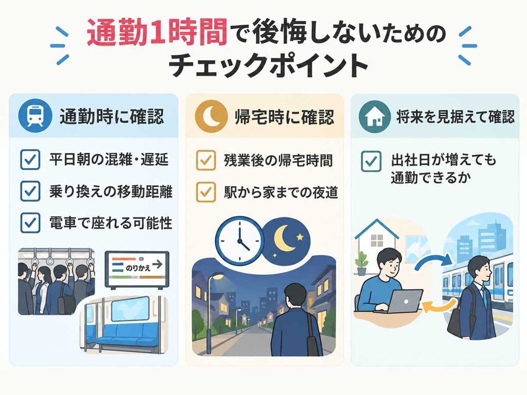 通勤1時間で後悔しないためのチェックポイント。平日朝の混雑や乗り換え、座れる可能性、残業後の帰宅時間、夜道の安全性、将来の出社頻度を確認