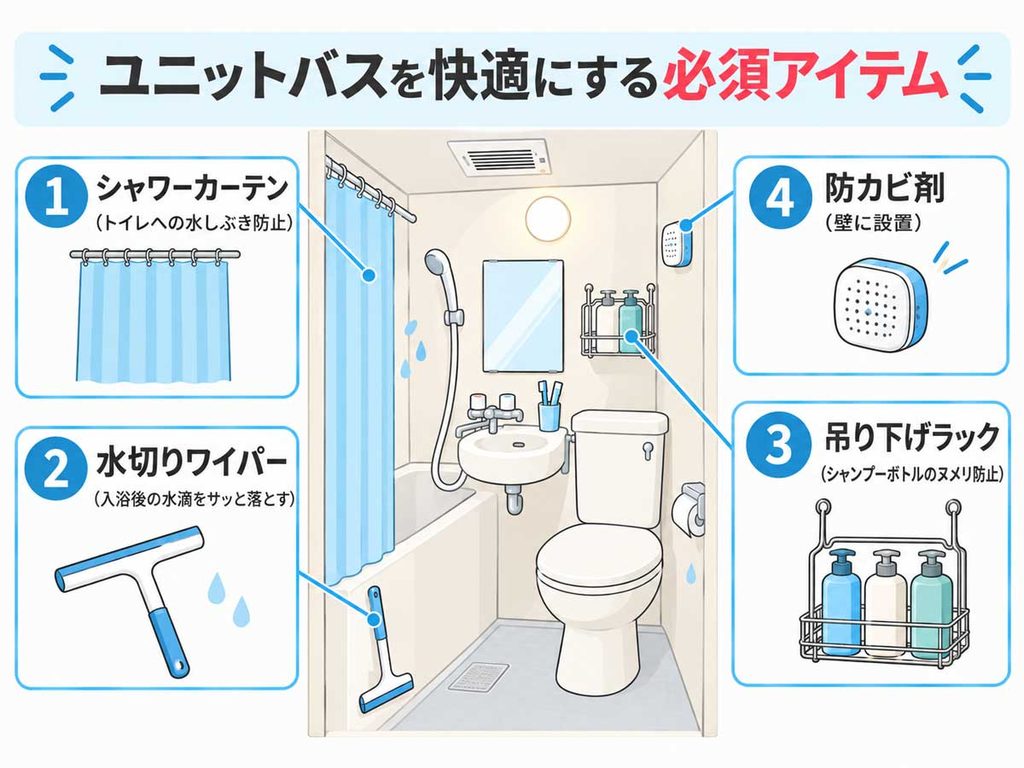 風呂トイレ一緒の賃貸で快適に暮らすための必須アイテム（シャワーカーテン・水切りワイパーなど）