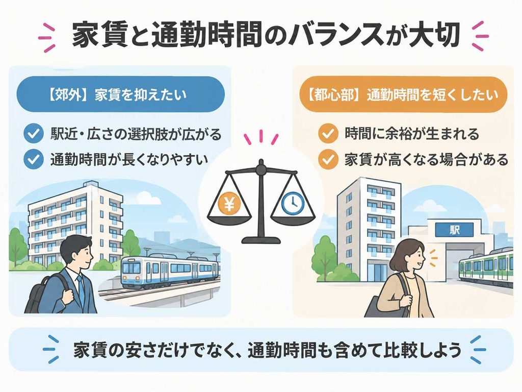 通勤1時間のメリットとデメリットを比較した図。家賃を抑えやすい一方、自由時間や睡眠時間が減る可能性がある