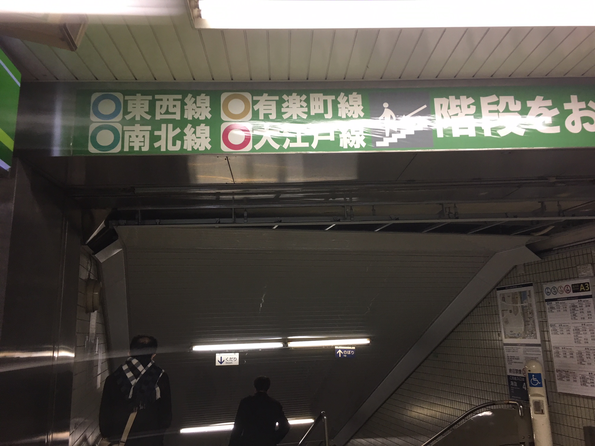 東西線/南北線/都営大江戸線/有楽町線を階段をおります