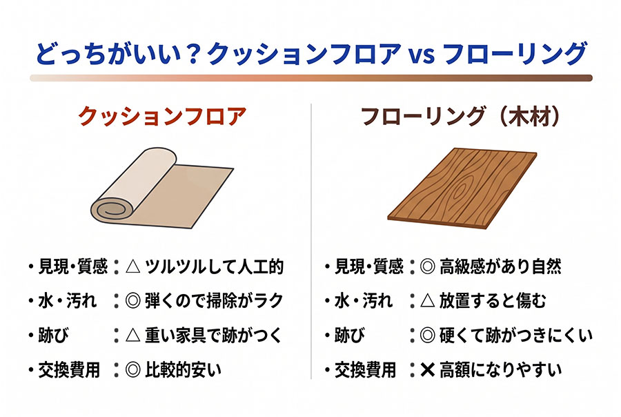 【図解】クッションフロアとフローリングの違い