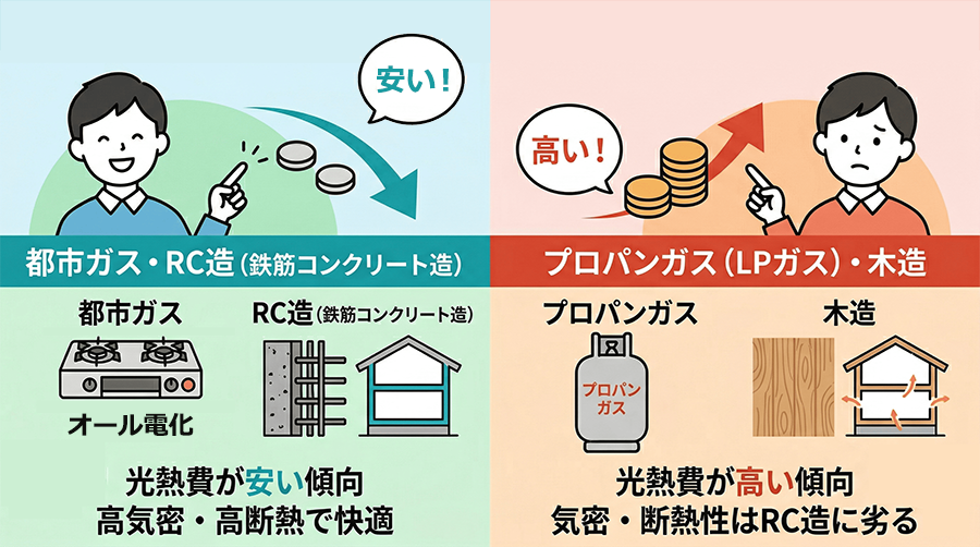 物件条件による光熱費の違い解説イラスト