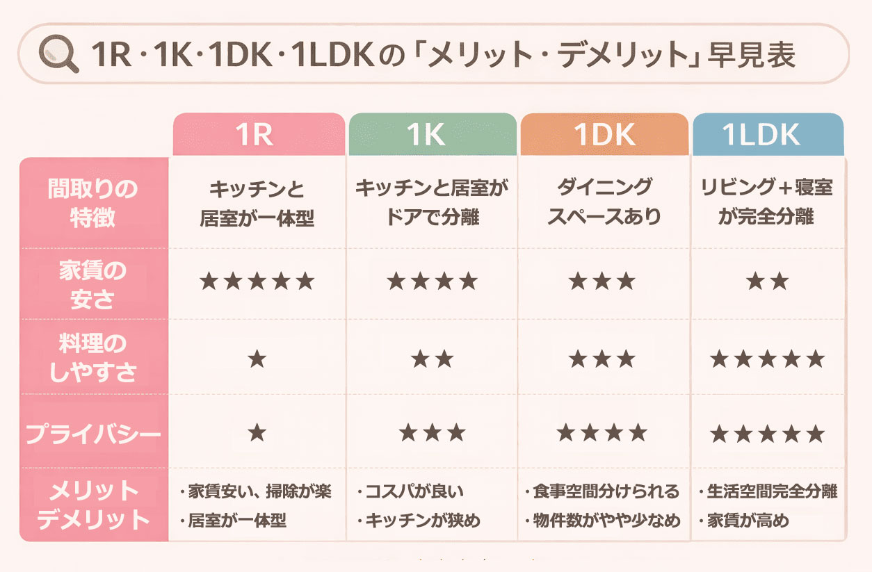 1R・1K・1DK・1LDKの「メリット・デメリット」早見表
