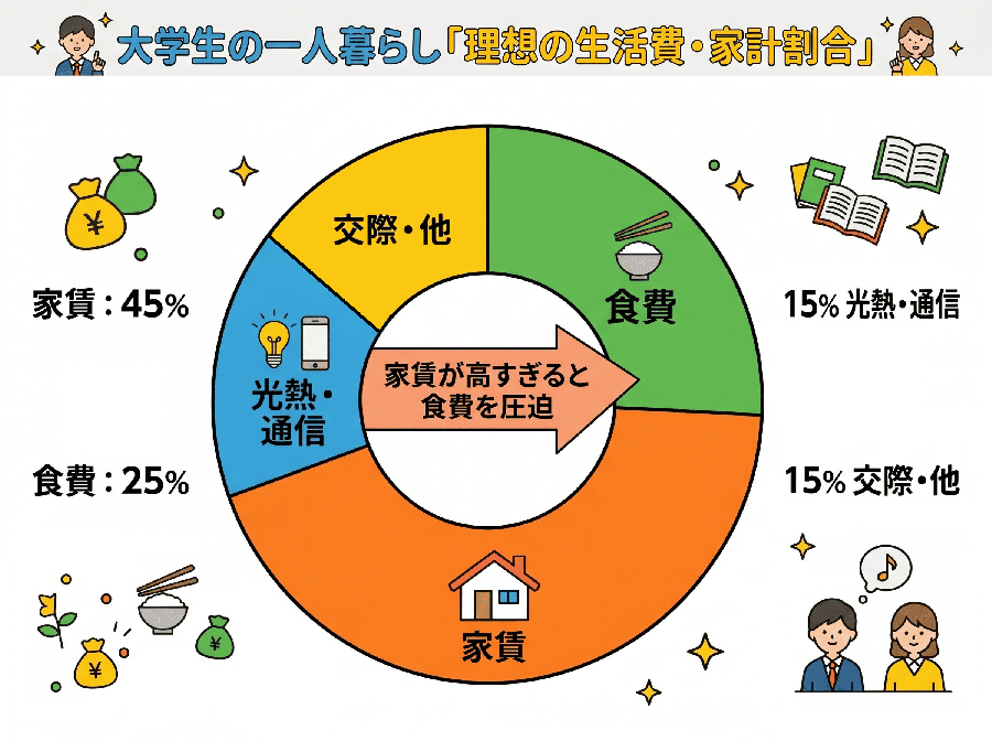 【円グラフ】大学生の一人暮らし「理想の生活費・家計割合」