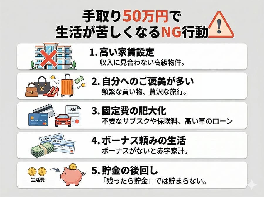 【図解】手取り50万円で生活が苦しくなるNG行動