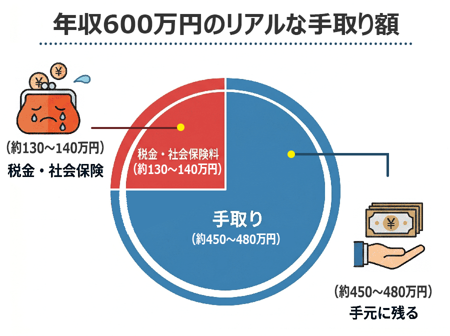 年収600万円のリアルな手取り額円グラフ
