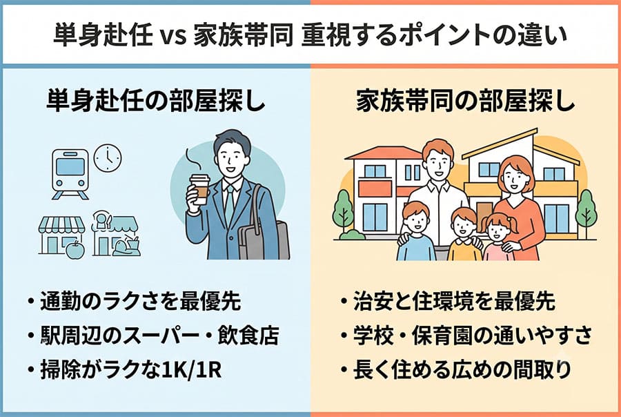 【図解】単身赴任と家族帯同 重視するポイントの違い