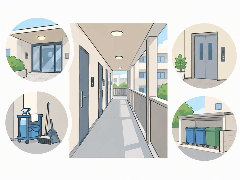 賃貸住宅の管理費の使い道となる共用廊下の清掃や照明、エレベーターなど